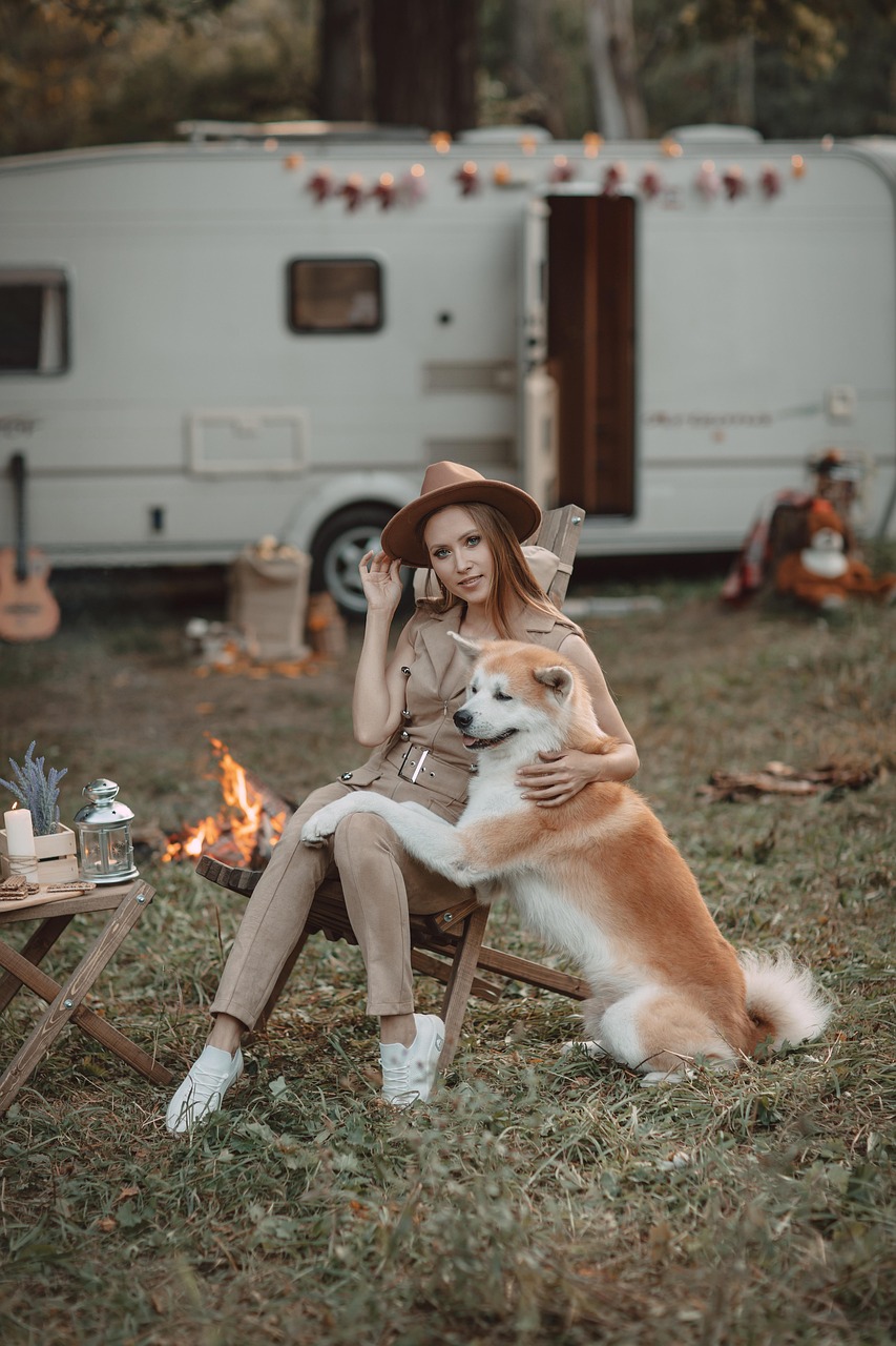 woman, dog, camping, trailer, outdoors, animal, picnic, pet, caucasian